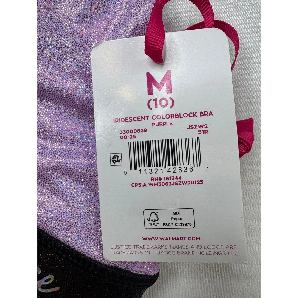 Justice Girls Iridescent Colorblock Sports Bra Purple Silver Dance Gym Size M 10